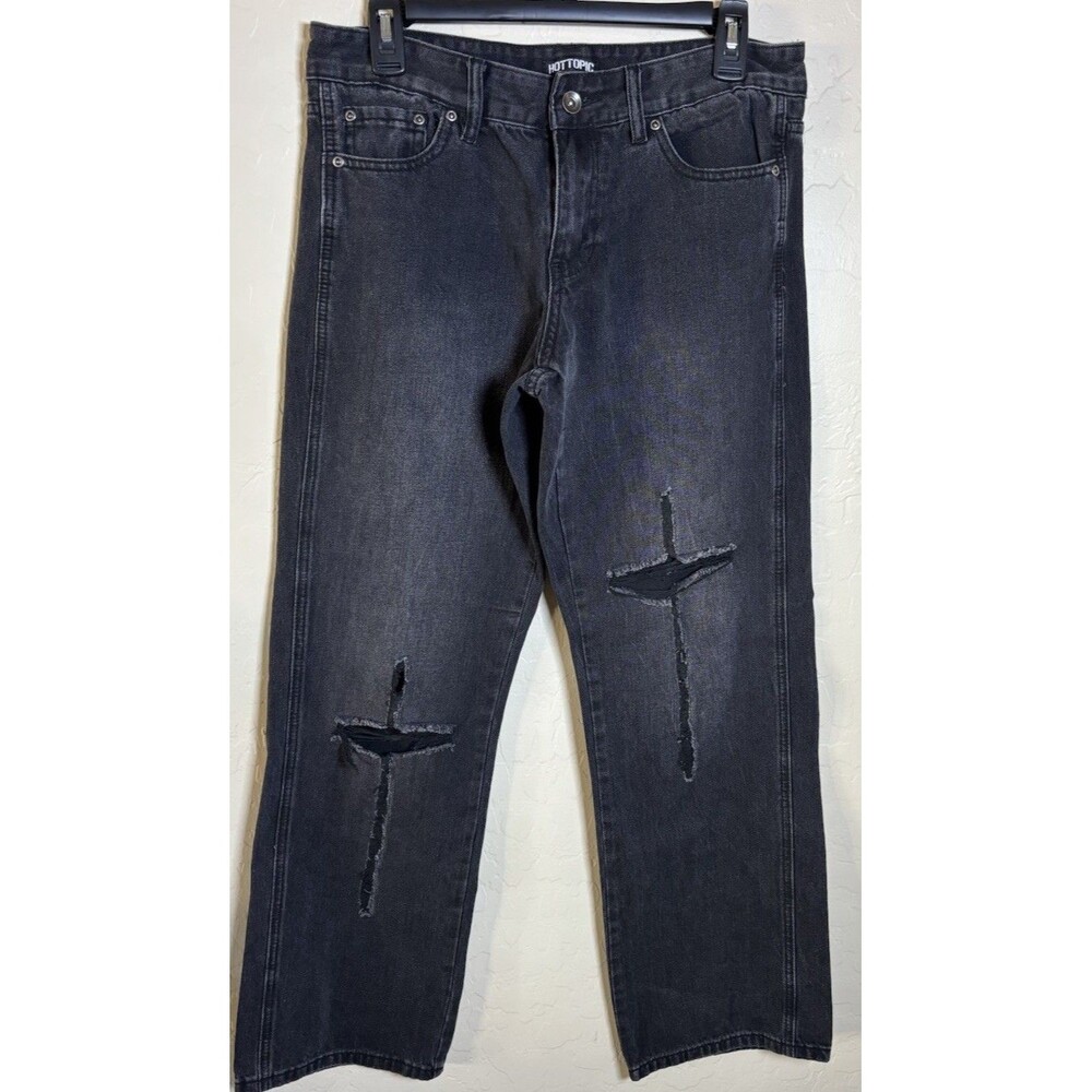 Hot Topic Jeans 30x32 Black Distressed Ripped Straight Leg Grunge Emo Y2K